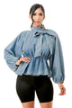 Long Sleeve Mock Neck Tied Denim Blouse Shirts